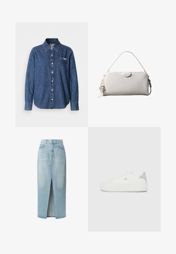 Blauw denim overhemd met lange mouwen, knoopsluiting aan de voorkant, kraag, een borstzak en subtiele stiksel details. Soepele textuur en een comfortabele pasvorm.; Lichtblauwe denimrok met een voorknijp, vijf zakken en riemlussen. Gemaakt van katoen met een soepele textuur en een lichte vervaging.; Witte canvas sneakers met een dikke witte zool, voorzien van een metallic zilveren accent op de hiel en een subtiel logo detail aan de zijkant.; Witte rechthoekige Calvin Klein handtas met enkele handgreep, minimalistisch ontwerp en decoratieve kwastjes met geometrische metalen hanger aan de zijkant.