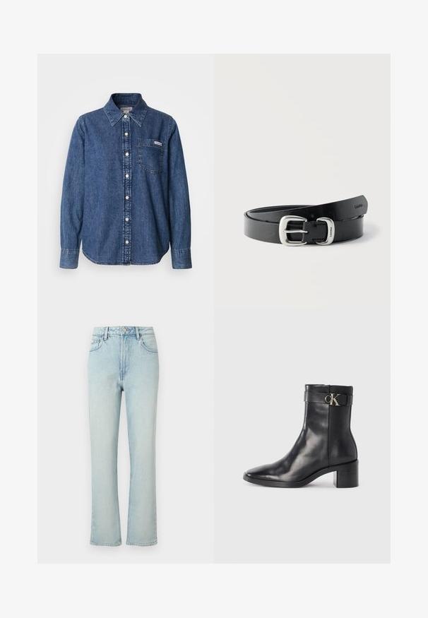 Chemise en denim bleu à manches longues, boutonnage avant, col, poche poitrine unique et détails de couture subtils. Texture lisse et coupe décontractée.; Jean bleu clair taille haute à jambes droites avec bouton avant, passants de ceinture et design classique à cinq poches sur fond uni.; Botte de cheville en cuir noir avec un bout pointu, un talon carré et une sangle avec un détail de logo métallique. Texture lisse et design minimaliste.; Ceinture en cuir noir enroulée avec boucle en métal argenté gravée "Calvin Klein" sur un fond blanc uni.