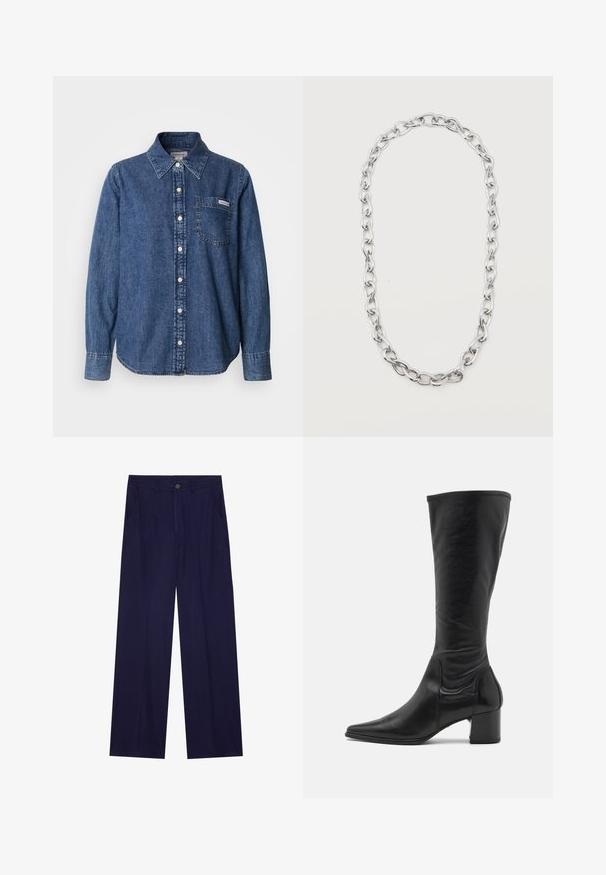 Blauw denim overhemd met lange mouwen, knoopsluiting aan de voorkant, kraag, een borstzak en subtiele stiksel details. Soepele textuur en een comfortabele pasvorm.; Marineblauwe wijde broek gemaakt van zachte stof, met een enkele knoopsluiting en twee voorzakken. Gladde textuur zonder patronen.; Zwarte leren laars tot de knie met een puntige neus, minimale naaddetails en een chunky vierkante hak. Soepele textuur met een glanzende afwerking.; Zilverkleurige ketting met grote, aan elkaar gekoppelde ovale schakels, gerangschikt in een langwerpige lus tegen een witte achtergrond.