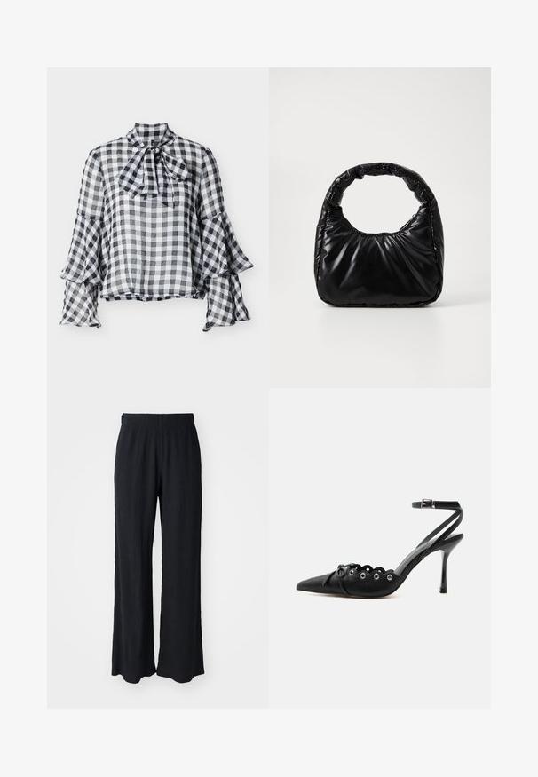 Blouse à carreaux noir et blanc avec un col montant, un détail nœud papillon et des manches cloche. Fabriquée en tissu léger et transparent avec une texture douce.; Pantalons larges noirs en tissu texturé avec une taille élastique. Présente une coupe décontractée et un design doux et fluide.; Chaussure à talon haut noire à bout pointu, bords festonnés, œillets métalliques, lacets à l'avant et bride de cheville avec fermeture à boucle.; Sac à main noir rembourré avec une poignée arrondie, présentant une surface lisse et brillante ainsi qu'une texture douce et matelassée. Pas de quincaillerie ou d'accents visibles.
