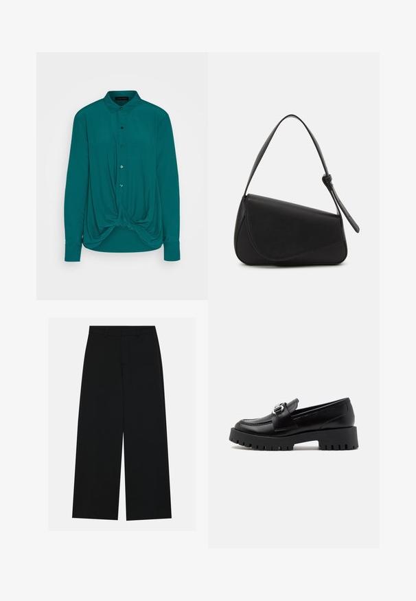 Blouse longue teal à manches longues avec un devant boutonné et un détail noué à l'ourlet, fabriquée à partir d'un tissu lisse, doté d'un col classique.; Pantalons noirs à jambe large en tissu lisse. Dotés d'une taille plate avec passants de ceinture et sans poches visibles. Design simple.; Mocassins en cuir noir avec une semelle épaisse et nervurée et un accent de boucle métallique sur la sangle. Texture lisse, design classique.; Sac à main en cuir noir de forme triangulaire, avec un rabat incliné et une poignée supérieure arrondie. Il présente une texture lisse et des détails de design minimalistes.
