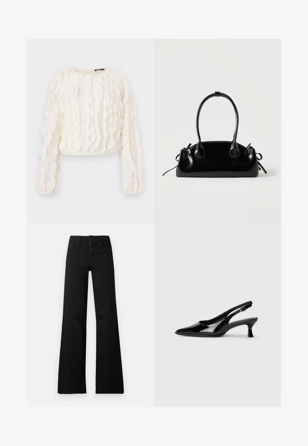 Witte cropped blouse met lange mouwen, voorzien van gestructureerde verticale strepen en ruches. Sluiting met keyhole aan de achterkant. Zachte stof.; Zwarte hoge taille wijde broek met knoop- en ritssluiting aan de voorkant, riemlussen en voorzakken op een witte achtergrond.; Zwarte lakleren slingback schoenen met een spitse neus en een lage blokhak. Verstelbare gespband bij de enkel.; Kleine zwarte glanzende handtas met twee lange hengsels en zijkant trekkoord details op een effen lichte achtergrond.