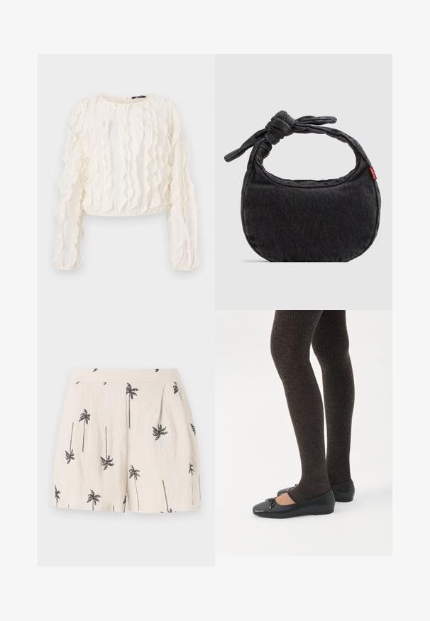 Witte cropped blouse met lange mouwen, voorzien van gestructureerde verticale strepen en ruches. Sluiting met keyhole aan de achterkant. Zachte stof.; Lichtbeige shorts met zwart palmbomenpatroon, met plooien aan de voorkant en een gladde, lichtgewicht stofstructuur.; Benen met donkere geribbelde leggings gecombineerd met zwarte ballerina's met kleine strikdetails op een witte achtergrond.; Kleine zwarte denim schoudertas met een gestrikte riem en ritssluiting, met een rood Levi's stoffen label aan de zijkant.