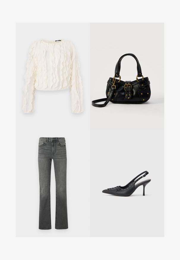 Blouse blanche cropped à manches longues avec des rayures verticales texturées et des détails froncés. Fermeture en forme de clé au dos. Tissu doux.; Jeans évasés en denim gris foncé avec une taille haute, cinq poches et une fermeture à un bouton. Texture lisse avec un léger délavage.; Escarpin en cuir noir à talon aiguille avec un bout pointu, une bride latérale à boucle, des clous le long du bord et un laçage décoratif à l'avant.; Sac à main en cuir noir avec boucle dorée et détails à rivets, poignées courtes et bandoulière réglable sur fond blanc uni.