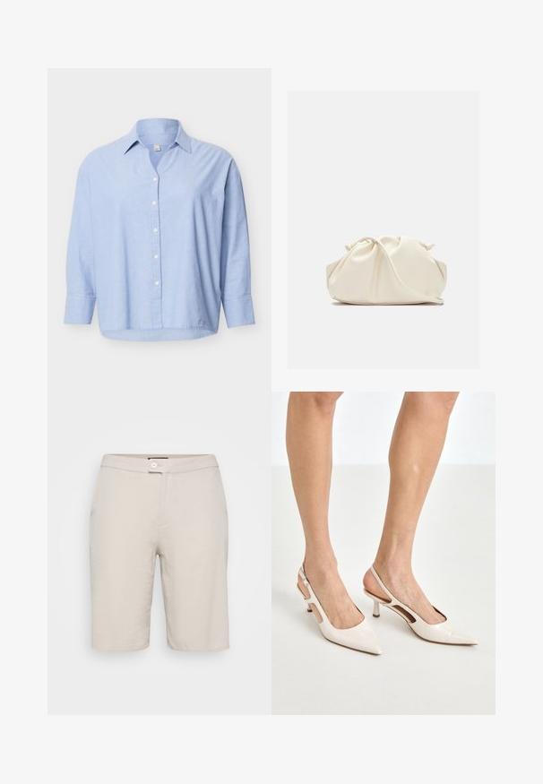 Lyseblå langærmet skjorte med knapper og krave, let løs pasform og hvide knapper foran på en ensfarvet baggrund.; Beige bomulds shorts med en knappelukning, to sidelommer og en lige pasform. Har en glat tekstur og et enkelt design.; Beige patenterede læder slingback hæle med spids tå og 5 cm hæl, med udskårne sider og en tynd ankelrem.; Blød, cremefarvet læder clutch taske med samlet, rynket design og en tynd skulderrem, der hviler foran på en ensfarvet baggrund.