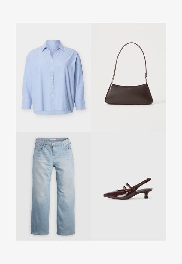 Lichtblauw overhemd met lange mouwen en knopen, met een kraag, een iets losse pasvorm en witte knopen aan de voorkant, tegen een vlakke achtergrond.; Lichtblauwe wijde jeans van denim. Heeft een hoge taille, vijf zakken en contrasterende stiksels. Gladde textuur met een vervaagde afwerking.; Marco Tozzi Klassieke pumps - bordeaux; Donkerbruine leren handtas met een gebogen bovenrits en een dunne schouderriem met gouden sluitingen op een effen achtergrond.