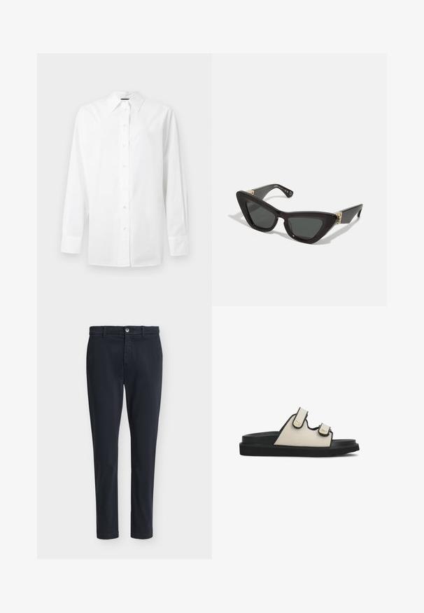 Witte lange mouwen shirt van glad katoen, met een klassieke kraag, knoopsluiting en manchetten met subtiele stikdetails.; Donkerblauwe slim-fit herencasualbroek met knoopsluiting en riemlussen, afgebeeld op een effen lichtgrijze achtergrond.; Beige textiele slipper met zwarte rubberen zool, voorzien van twee verstelbare bandjes en goudkleurige metalen accenten. Platte uitvoering, casual stijl.; Kat-oog zonnebril met zwarte kunststof montuur en donkere lenzen. Bevat goudkleurige hardware accenten bij de pootjes. Glad oppervlak.