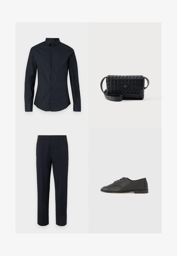 Chemise noire à manches longues avec un col pointu, fermeture à boutons sur le devant et coupe slim. Confectionnée en tissu lisse, elle présente un discret broderie de logo.; Pantalon noir à jambe droite avec détail de couture avant, taille élastique et poches latérales sur un fond clair uni.; Chaussure Oxford noire en cuir avec lacets, surface texturée et petit talon, vue de profil sur un fond gris clair uni.; Sac bandoulière noir texturé avec une fermeture à rabat et un petit logo en métal sur le devant, présenté sur un fond uni.