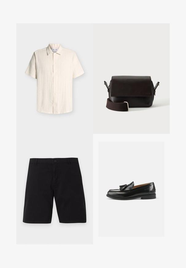 Chemise homme à manches courtes avec boutons en tissu écru texturé avec un col souple, présentée sur un fond gris clair.; Shorts décontractés noirs avec fermeture par bouton, passants pour ceinture et design simple, présentés sur un fond uni.; Mocassins en cuir noir avec un accent de gland, un bout arrondi et une finition lisse. La semelle est plate avec un motif de trottoir minimal.; Sac bandoulière en cuir marron foncé avec fermeture à rabat et sangle en tissu réglable sur fond blanc.