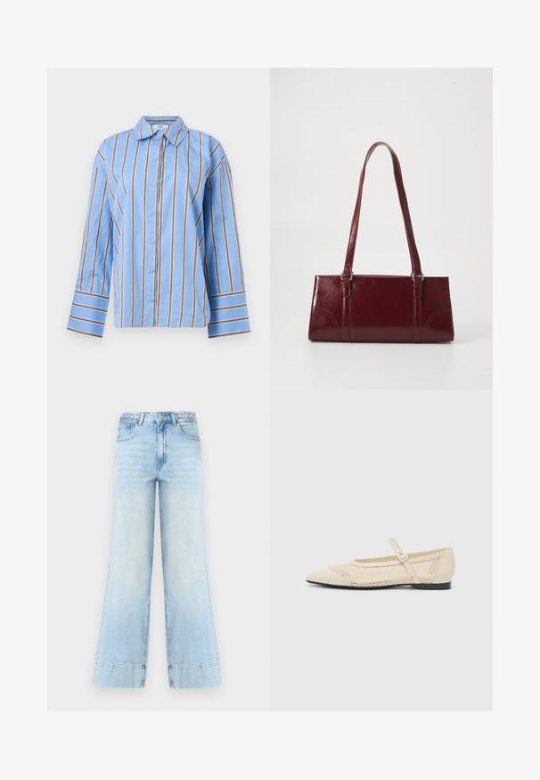 Lichtblauw overhemd met knoopsluiting, verticale witte en bruine strepen, lange mouwen en een brede kraag.; Lichtblauwe wijde jeans met hoge taille, gevlochten riemlussen, knoop aan de voorkant, rits en twee zakken op een witte achtergrond.; Beige ballerina's met een spitse neus, een overlay van gaasontwerp en een zijgesp voor het vastzetten. Platte zool met een gladde textuur.; Bourgondische handtas van glanzend materiaal, rechthoekige vorm, met twee schouderbanden en subtiele gebogen accenten aan de voorkant.