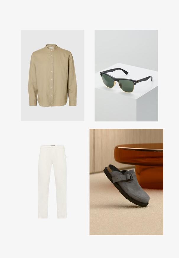Chemise beige à manches longues avec col mandarin et boutons sur le devant, présentée sur un fond gris clair uni.; Pantalon blanc slim avec passants de ceinture, fermeture boutonnée, poches avant et une petite étiquette noire sur le côté droit des hanches.; Sabot en daim gris à enfiler avec semelle noire et bride réglable à boucle, reposant sur un tapis beige près d'un pied de table arrondi marron.; Lunettes de soleil Ray-Ban avec des verres verts, monture en plastique noir et accents dorés sur les bords. Forme carrée avec une finition mate.