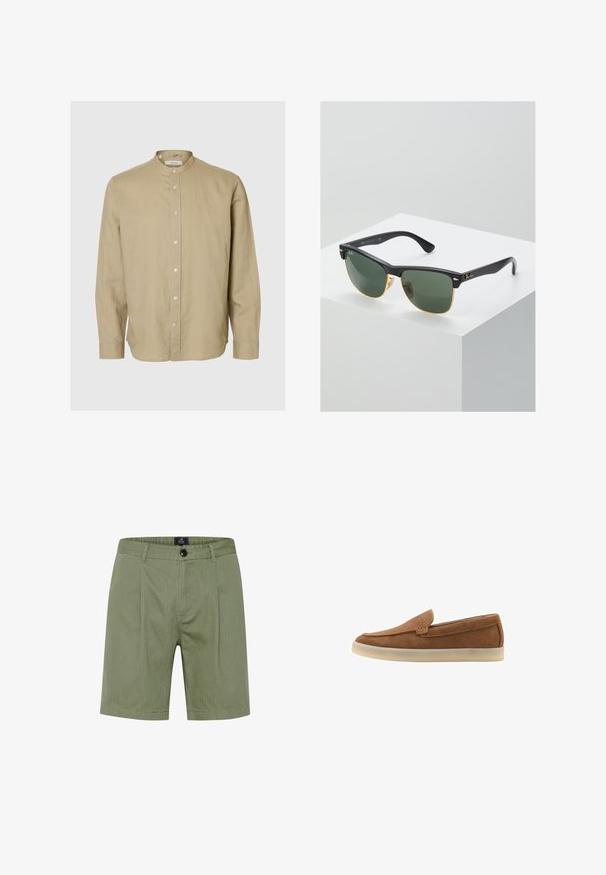 Camisa beige de manga larga con cuello mao y botones delanteros, presentada sobre un fondo liso de color gris claro.; Pantalones cortos verde oliva con un diseño a medida, que presentan un cierre de botón, bolsillos frontales y sutiles rayas verticales en una tela suave y texturizada.; Mocasín slip-on de ante marrón con suela de goma beige y detalle de costura minimalista, mostrado de lado sobre un fondo blanco.; Gafas de sol Ray-Ban con lentes verdes, montura de plástico negro y acentos dorados en los bordes. Forma cuadrada con acabado mate.