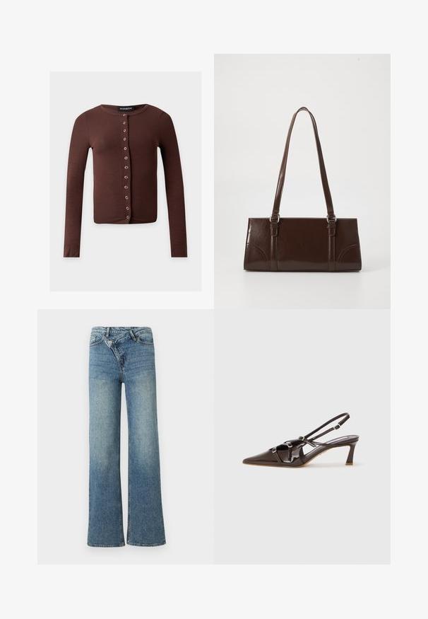 Brun langærmet cropped cardigan med rund halsudskæring og en lodret række af sølvfarvede trykknapper foran.; Lyseblå denim jeans med vide ben og høj talje, let falmet effekt og knaplukning foran. Har fem lommer og minimal syning.; Brune patenteret læder slingback hæl med spids tå, justerbare stropper og dekorative spænder foran. 3-tommers hælhøjde.; Brun lakeret håndtaske med rektangulær form, to lange håndtag og subtile buede detaljer på fronten.