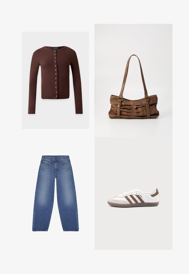Pruun lühike kardigan pikkade varrukatega, ümmarguse kaelusega ja ees vertikaalne rida hõbedasi trukknuppe.; Heledad sinine, laiad püksid klassikalise denimtekstuuriga, viie-tasku disainiga ja ees nuppe sulgemisega. Kanga peal on kulumise aktsendid.; Valge Adidas Samba toss pruunide seemisnahast triipude, pruuni kummist tallaga ja beežika seemisnahast varbakattaga, kujutatud välisküljelt ühevärvilise tausta peal.; Even&Odd by Zalando Käekott - brown