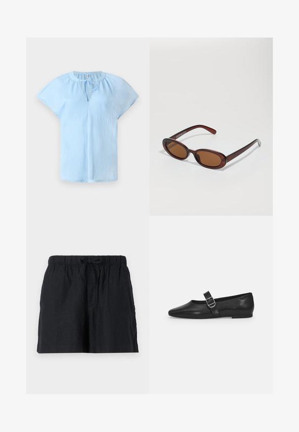 Blouse bleu clair à manches courtes avec un col rond et un détail à nouer à l'avant. Fabriquée en tissu doux et léger avec une coupe décontractée.; Shorts en lin noir avec une taille élastique et un cordon de serrage. Comprend des poches latérales et un design à coupe décontractée.; Chaussure plate en cuir noir avec un bout arrondi, une seule sangle réglable à boucle et une texture lisse et brillante. Design minimaliste avec un petit talon.; Lunettes de soleil rondes teinte brun avec une monture bordeaux brillante. Branches fines avec un détail de marque subtil. Design de verres plats.