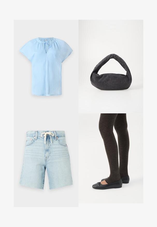 Blouse bleu clair à manches courtes avec un col rond et un détail à nouer à l'avant. Fabriquée en tissu doux et léger avec une coupe décontractée.; Shorts en denim bleu clair avec taille à cordon, ourlet légèrement effiloché et cinq poches. Présente une texture décolorée et des accents de rivets en cuivre.; Jambes portant des leggings côtelés foncés associés à des ballerines noires avec de petits détails en nœud sur fond blanc.; Sac en tissu gris foncé avec une anse courbée, texture douce et forme arrondie. Pas de matériel ou d'embellissements visibles.