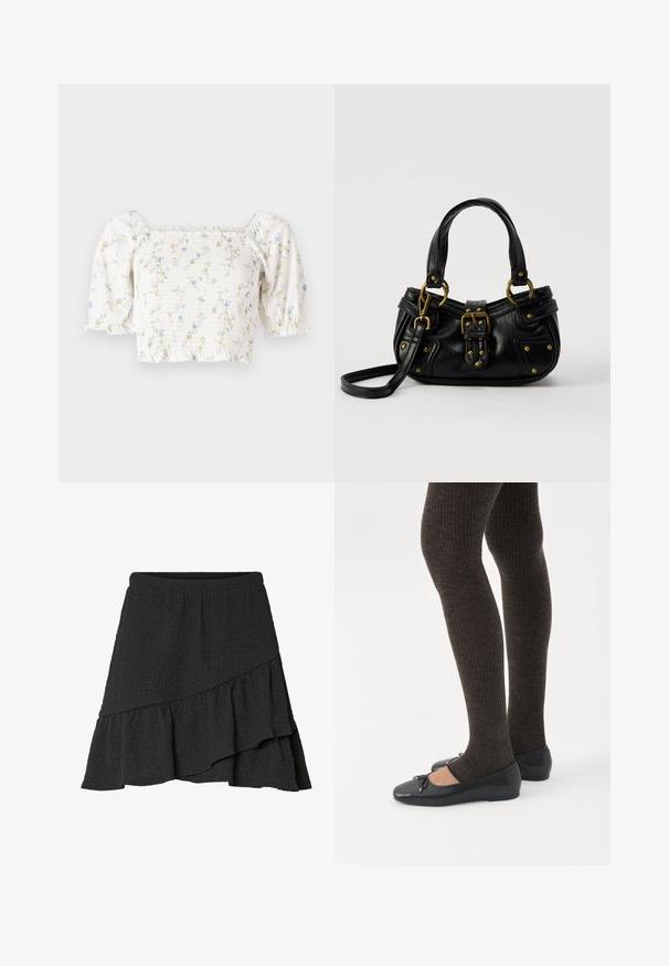 Hvid blomstret bluse med korte puffærmer, smocket liv og delikate blå og gule blomstermønstre over det hele.; Sort tekstureret omslagsnederdel med asymmetrisk flæsekant og elastisk taljebånd.; Ben iført mørke ribbede leggings kombineret med sorte balletsko med små sløjfedetaljer på hvid baggrund.; Sort læderhåndtaske med guldbælge og nitdetaljer, korte håndtag og en justerbar skulderrem på en ensfarvet hvid baggrund.