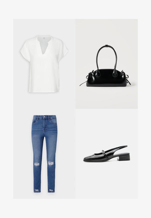 Witte korte mouwtop met een V-hals, gemaakt van textuurstof, met een ontspannen pasvorm en subtiele stiksels.; Slanke blauwe jeans met een vervaagde wassing, voorzien van twee kniewonden, vijf zakken, een knoopsluiting en riemlussen. Katoenmix stof.; Zwarte lakleren slingback schoen met een lage blokhak en een dunne band met zilveren gesp bovenop.; Kleine zwarte glanzende handtas met twee lange hengsels en zijkant trekkoord details op een effen lichte achtergrond.