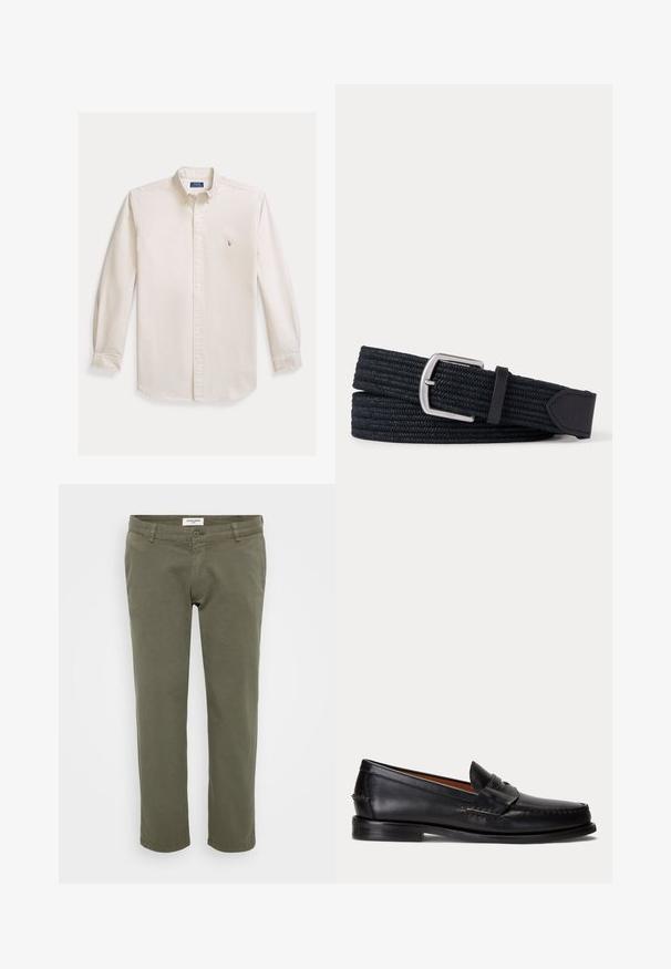 Chemise à manches longues à boutons en coton crème. Présente un col à pointes et un petit logo brodé sur la poitrine. Coupe classique.; Chinos vert olive avec une coupe droite, fabriqués en coton avec une légère texture, dotés d'une fermeture à bouton et de passants de ceinture.; Mocassin en cuir noir avec un petit talon et une bride penny, vu de côté sur un fond gris clair.; Ceinture en tissu tissé noir avec une boucle rectangulaire argentée et une extrémité en cuir noir, enroulée sur un fond blanc.