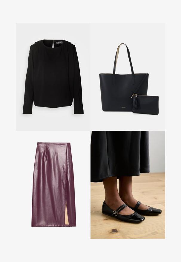 Blouse noire à manches longues avec un col rond et des accents plissés aux épaules. Dotée d'une fermeture éclair dissimulée au dos et d'un tissu doux et lisse.; Jupe crayon en simili cuir bourgogne avec une fente sur le côté, texture lisse et détails de couture, présentant une silhouette ajustée et une coupe à la longueur des genoux.; Ballerines en cuir verni noir avec un bout carré, comportant deux brides avec boucles. Les semelles sont plates sur un sol en bois clair.; Sac fourre-tout noir avec un matériau texturé, deux longues anses et une pochette zippée amovible avec un détail de pompon. Logo de la marque en orvisible.