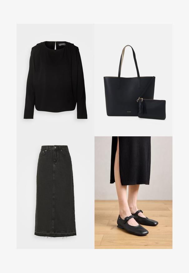 Schwarze Bluse mit langen Ärmeln, rundem Ausschnitt und plissierten Akzenten an den Schultern. Sie verfügt über einen verdeckten Reißverschluss im Rücken und ein weiches, glattes Material.; Schwarzer Denim-Midirock mit tailliertem Bund, vorderem Knopfverschluss und ausgefranstem Saum. Verfügt über ein klassisches Fünf-Taschen-Design und eine leichte Textur.; Schwarze Leder-Mary Jane-Ballerinas mit einem kleinen Absatz, runder Zehenpartie und einem seitlichen Schnallen-Detail. Das strukturierte Design erhöht die visuelle Attraktivität.; Schwarze Tragetasche aus strukturiertem Material, mit zwei langen Griffen und einem abnehmbaren Reißverschlussbeutel mit Quastendetail. Goldenes Markenlogo sichtbar.