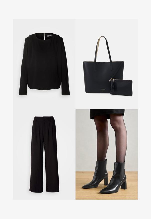 Blouse noire à manches longues avec un col rond et des accents plissés aux épaules. Dotée d'une fermeture éclair dissimulée au dos et d'un tissu doux et lisse.; Pantalon large noir en tissu lisse, avec des plis à l'avant, une taille ajustée, et sans motifs ni accents visibles.; Bottines en cuir noir avec un bout pointu, un talon carré épais et un design élégant. Présente des panneaux latéraux élastiques pour un enfilage facile.; Sac fourre-tout noir avec un matériau texturé, deux longues anses et une pochette zippée amovible avec un détail de pompon. Logo de la marque en orvisible.