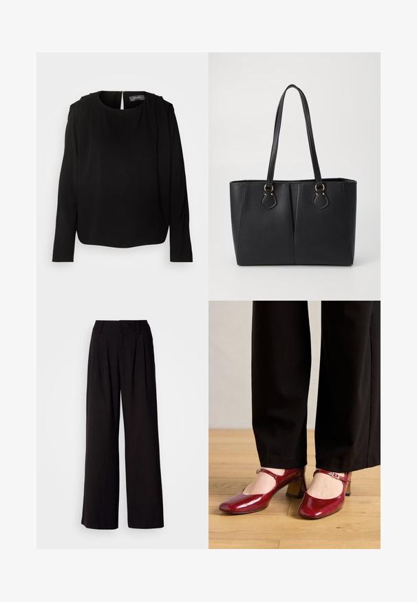 Blusa negra de manga larga con cuello redondo y acentos de hombros plisados. Presenta una cremallera oculta en la parte posterior y una tela suave y lisa.; Pantalones de pierna ancha negros, confeccionados en una tela suave, con pliegues en la parte frontal, una cinturilla ajustada y sin patrones o acentos visibles.; Zapatos de tacón Mary Jane de charol rojo con punta cuadrada, una correa en el empeine y un tacón bajo en bloque. Combinados con pantalones negros.; Bolso tote de cuero sintético negro con un acabado texturizado, dos asas largas y detalles en tono dorado en el lateral. Forma rectangular.