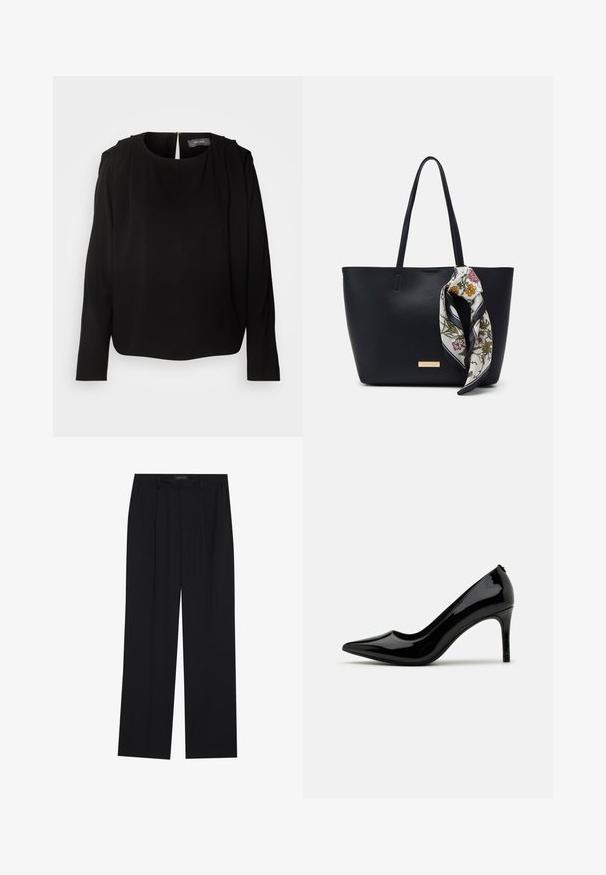 Blouse noire à manches longues avec un col rond et des accents plissés aux épaules. Dotée d'une fermeture éclair dissimulée au dos et d'un tissu doux et lisse.; Pantalons noirs à coupe droite, dotés de deux poches avant et d'une taille. Fabriqués dans un tissu lisse et léger.; Pump à talon haut en cuir verni noir avec un bout pointu et une silhouette épurée, présentant une texture lisse et un design minimaliste.; Sac fourre-tout en cuir noir avec deux poignées, orné d'une écharpe en soie florale attachée à la poignée et d'un accent logo métallique à l'avant.