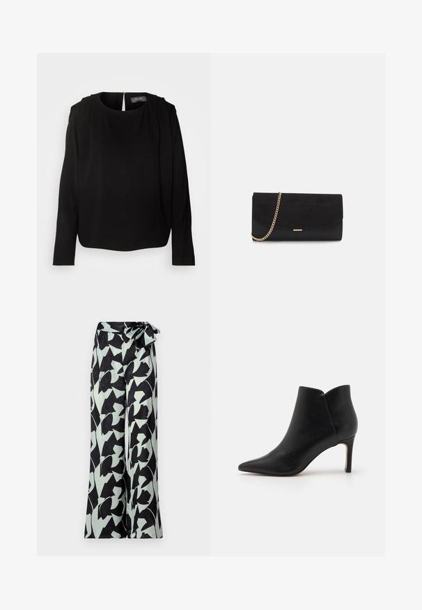 Blouse noire à manches longues avec un col rond et des accents plissés aux épaules. Dotée d'une fermeture éclair dissimulée au dos et d'un tissu doux et lisse.; Pantalons à jambes larges noirs avec des motifs floraux abstraits vert menthe. Dotés d'une taille haute avec une ceinture nouée pour un ajustement réglable.; Bottines en cuir noir avec un bout pointu, un design effilé et un talon aiguille, présentant une ouverture en forme de coquille unique au niveau de la cheville.; Porte-monnaie noir en daim avec une finition texturée, doté d'une chaîne dorée et d'un design épuré et angulaire.