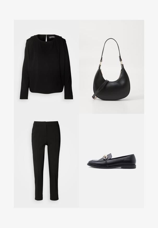 Blouse noire à manches longues avec un col rond et des accents plissés aux épaules. Dotée d'une fermeture éclair dissimulée au dos et d'un tissu doux et lisse.; Pantalons noirs ajustés avec une coupe slim, devant plat et sans poches visibles, offrant une texture lisse et une finition soignée au bas.; Mocassin en cuir noir avec talon bas et détail de chaîne dorée sur le dessus, vu de côté sur un fond uni clair.; Sac à main en cuir noir avec une forme courbée, doté d'une fermeture à glissière en haut, d'une courte poignée et d'une bandoulière amovible. Accent en métal doré.