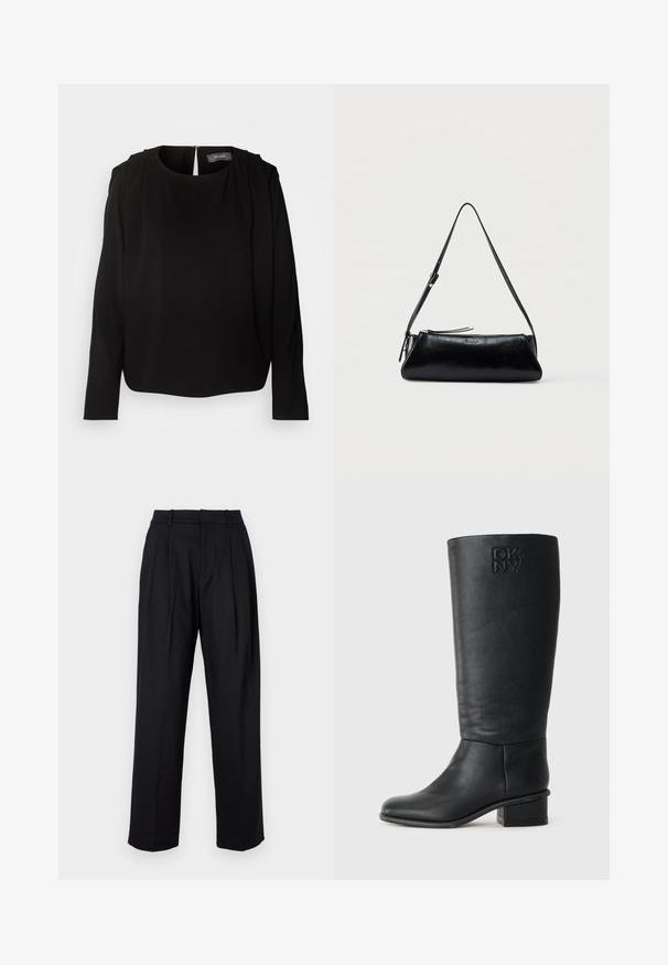 Blouse noire à manches longues avec un col rond et des accents plissés aux épaules. Dotée d'une fermeture éclair dissimulée au dos et d'un tissu doux et lisse.; Pantalons noirs au design ajusté, avec une taille haute, des plis et une coupe droite. Fabriqués en tissu lisse de couleur unie.; Botte en cuir noire montant jusqu'au genou, avec une finition texturée, un bout rond et un petit talon bloc. Présente le logo DKNY embossé sur l'arrière de la tige.; Sac à bandoulière en cuir noir avec une fine sangle réglable, fermeture éclair et petit logo métallique « GUESS » au centre devant.