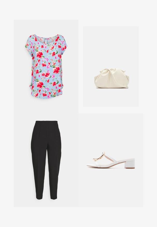 ONLY Petite ONLNOVA LIFE - Blouse - grapemist wonda; Des pantalons noirs ajustés présentent une taille haute, des plis avant, des jambes fuselées et une texture lisse. Fabriqués dans un tissu léger, sans fermetures visibles.; Sandale blanche à talon bas avec un accent décoratif en métal courbé doré sur la bride avant, sur un fond clair uni.; Pochette en cuir souple couleur crème avec un design froncé et une fine bandoulière reposant à l’avant sur un fond uni.
