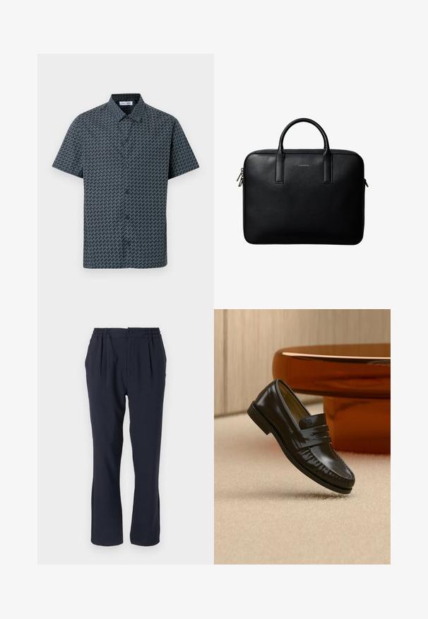 Chemise à manches courtes bleu marine avec un motif zigzag blanc. Elle dispose d'un col classique et d'une fermeture à boutons sur le devant. Tissu avec une texture lisse.; Pantalons bleu marine en tissu doux avec une taille élastique, présentant des plis sur le devant et un design à jambes droites.; Mocassin en cuir noir brillant avec un détail de bride, posé sur un tapis beige près d'une table basse ronde en bois brun dans une pièce doucement éclairée.; Mallette en cuir noir texturé avec double poignées et tirettes de fermeture éclair argentées, centrée sur fond blanc.