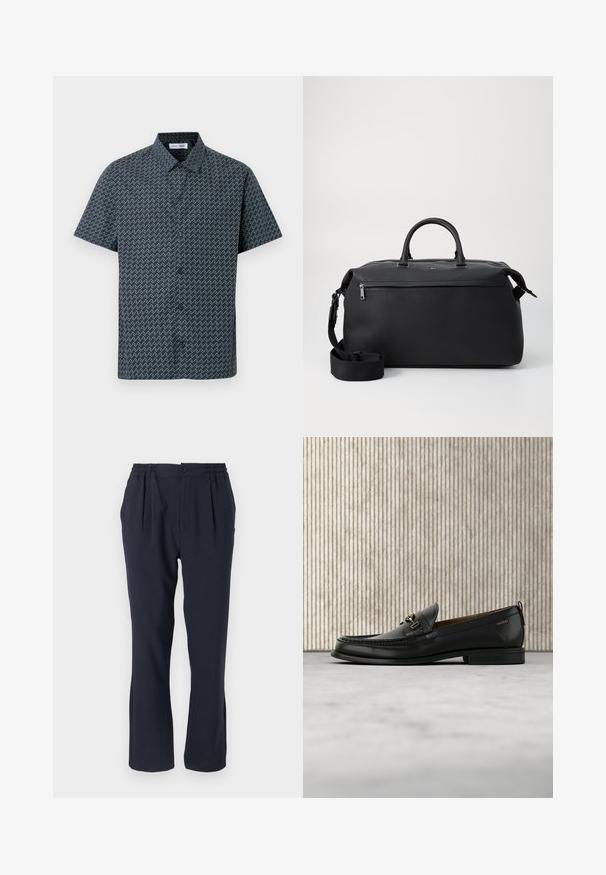 Camisa de manga corta en azul marino con un patrón de zigzag blanco. Cuenta con un cuello clásico y cierre frontal con botones. Textura de tela suave.; Pantalones azul marino hechos de una tela suave con una cinturilla elástica, que cuentan con pliegues frontales y un diseño de pierna recta.; Mocasín de cuero negro con pieza metálica dorada y logotipo "HUGO", exhibido sobre una alfombra beige y muebles translúcidos marrones.; Bolsa de viaje de cuero negro con dos asas superiores, una correa de hombro desmontable y un bolsillo frontal con cremallera para almacenamiento adicional.
