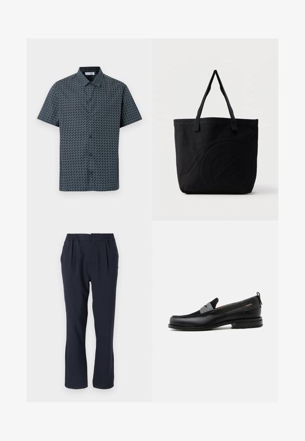 Camisa de manga corta en azul marino con un patrón de zigzag blanco. Cuenta con un cuello clásico y cierre frontal con botones. Textura de tela suave.; Pantalones azul marino hechos de una tela suave con una cinturilla elástica, que cuentan con pliegues frontales y un diseño de pierna recta.; Mocasín de cuero negro con detalle de tira gris, tacón bajo y suela texturizada, con la marca "HUGO" en oro en el lateral.; Bolsa tote de lona negra con dos correas para el hombro y un diseño circular en relieve sutil en el frente.