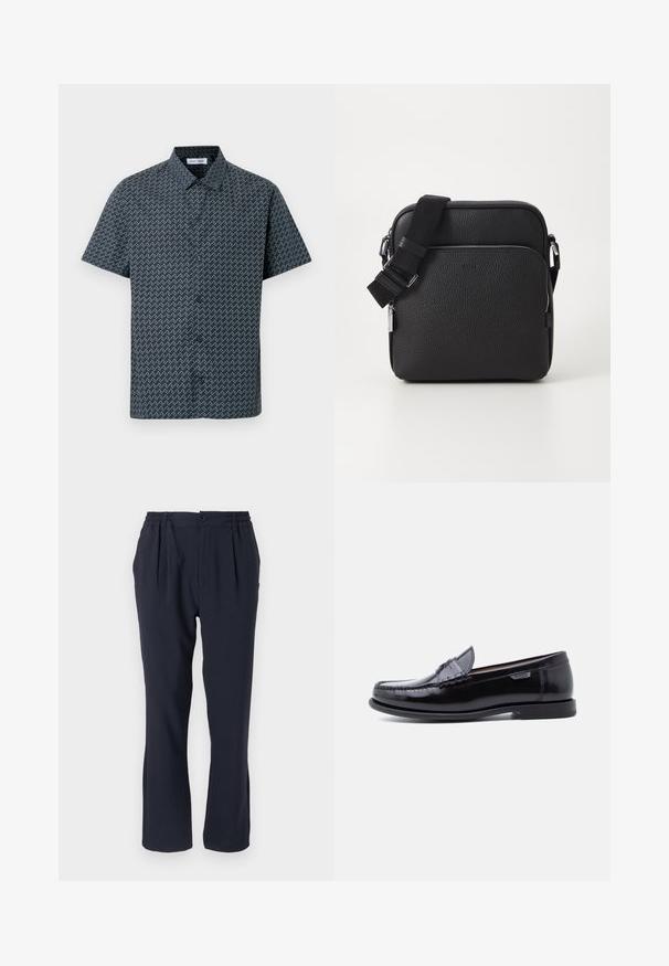 Camisa de manga corta en azul marino con un patrón de zigzag blanco. Cuenta con un cuello clásico y cierre frontal con botones. Textura de tela suave.; Pantalones azul marino hechos de una tela suave con una cinturilla elástica, que cuentan con pliegues frontales y un diseño de pierna recta.; Mocasines de cuero negro con acabado brillante, que presentan un diseño cosido en la puntera y una suela baja de goma negra texturizada.; Bolso cruzado de cuero negro con una superficie texturizada, que presenta un bolsillo con cremallera en la parte frontal, correa ajustable y acentos de hardware metálico.