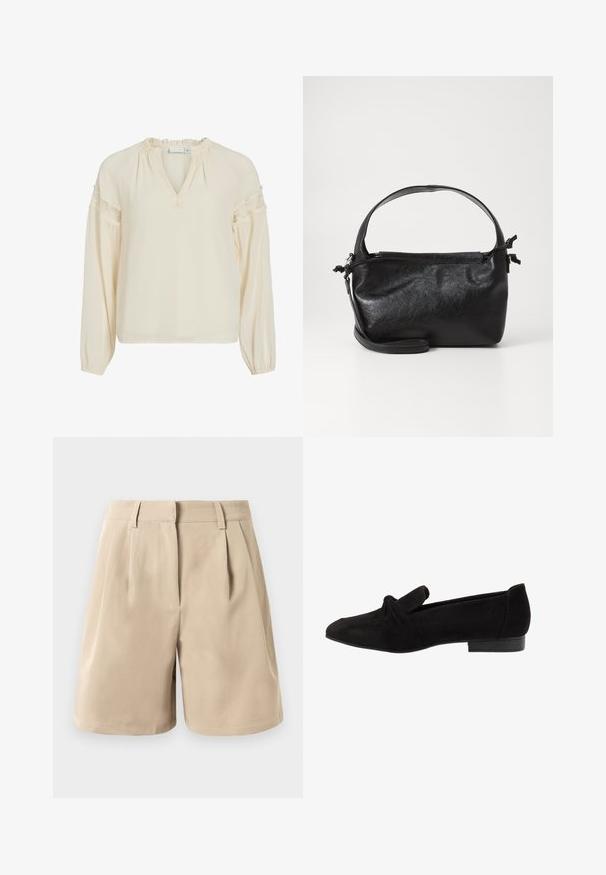 Blouse couleur crème avec un col en V, un col volanté, des manches longues et des accents en dentelle sur les épaules. Fabriquée en tissu léger et lisse.; Shorts taille haute beiges sur mesure avec passants de ceinture, plis avant et fermeture invisible sur fond blanc.; Chaussure plate en suède noir avec un détail noué à l'extrémité, texture lisse, forme pointue et talon bas rectangulaire.; Sac à main en cuir noir au design structuré, avec une poignée arrondie et une bandoulière amovible. Présente une texture lisse et un éclat subtil.
