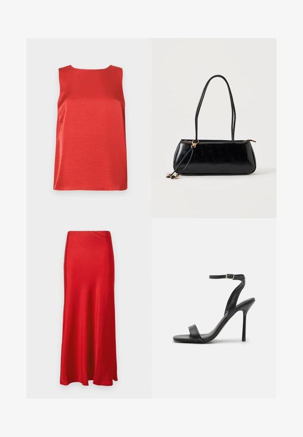 Rotes ärmelloses Top aus glattem Stoff mit geradem Schnitt und rundem Ausschnitt. Verfügt über Seitennaht zur Formgebung.; Roter Satin-Maxirock mit glatter Textur, hoher Taille und dezentem A-Linien-Schnitt. Der Saum ist unten leicht ausgestellten.; Schwarze High-Heels-Sandalen mit schlankem Knöchelriemen und zwei vorderen Riemen. Aus glattem Leder gefertigt, mit einer eleganten spitzen Zehenform und einem Stiletto-Absatz.; Schwarze rechteckige Handtasche mit zwei langen Trägern, goldfarbenem Ringdetail und Reißverschluss auf hellem, einfarbigem Hintergrund.