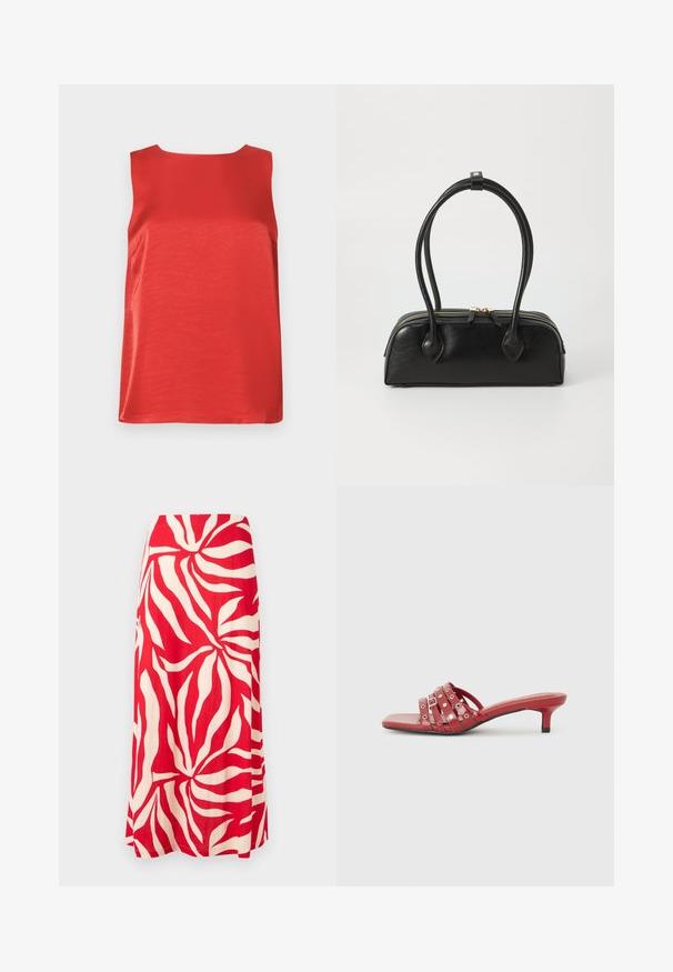 Haut rouge sans manches en tissu lisse, à silhouette droite et encolure ronde. Présente des coutures latérales pour un effet cintré.; Jupe maxi rouge et blanche avec un grand motif abstrait de feuilles, silhouette évasée en A et une taille lisse.; Mules rouges à bout ouvert avec un petit talon, présentant plusieurs lanières horizontales avec des accents ronds. Fini lisse et brillant. Forme de bout carrée.; Sac à main en cuir noir avec deux anses allongées, fermeture éclair et forme arrondie ; texture lisse avec une finition légèrement brillante.