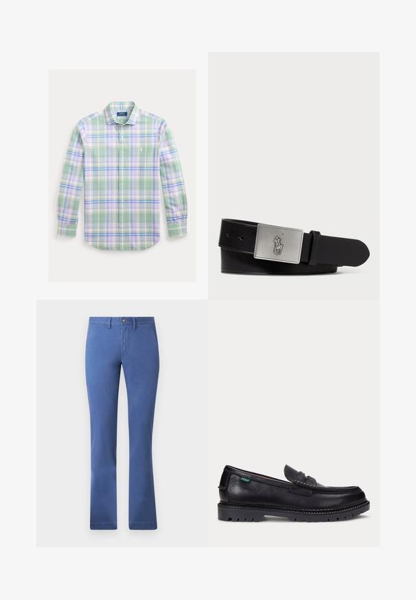 Košeľa s dlhým rukávom na gombíky so vzorom zeleno-modro-bielej kocky a malým bielym logom Polo Ralph Lauren na hrudi.; Modré nohavice z bavlnenej zmesi so strihom rovného nohavice, zapínaním na gombík, funkčnými vreckami a hladkou textúrou. Jednoduchý a univerzálny štýl.; Čierny kožený mokasín s hrubou drsnou podrážkou a malou zelenou značkou "Polo" na vonkajšej strane pri päte.; Čierny kožený opasok s obdĺžnikovou striebornou kovovou prackou s vyrazeným logom jazdca, hladkou textúrou a piatimi otvormi na opasok.