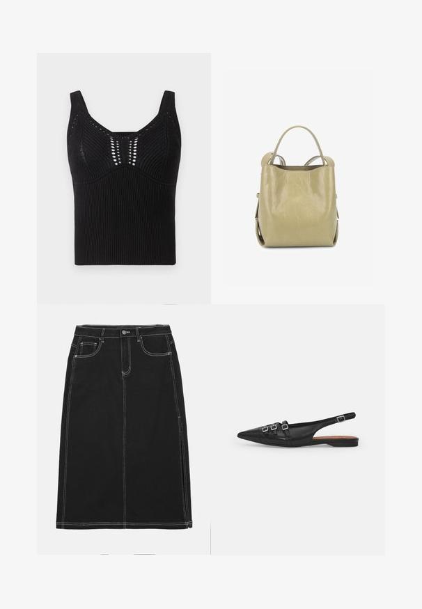 Sort strikket tanktop med ribbet tekstur, brede stropper og rund hals samt dekorative åben vævemønstre foran.; Sort denimnederdel med ret snit, udstyret med hvid syning, knappelukning foran og to forlommer. Glat tekstur.; Sort læderslyngeflad sko med spids tå, der har to vandrette stropper og firkantede sølvspænder, lav hæl og glat tekstur.; Grøn læderhåndtaske med glat tekstur, rund form og to øverste håndtag. Har et minimalistisk design uden synligt metalhardware.