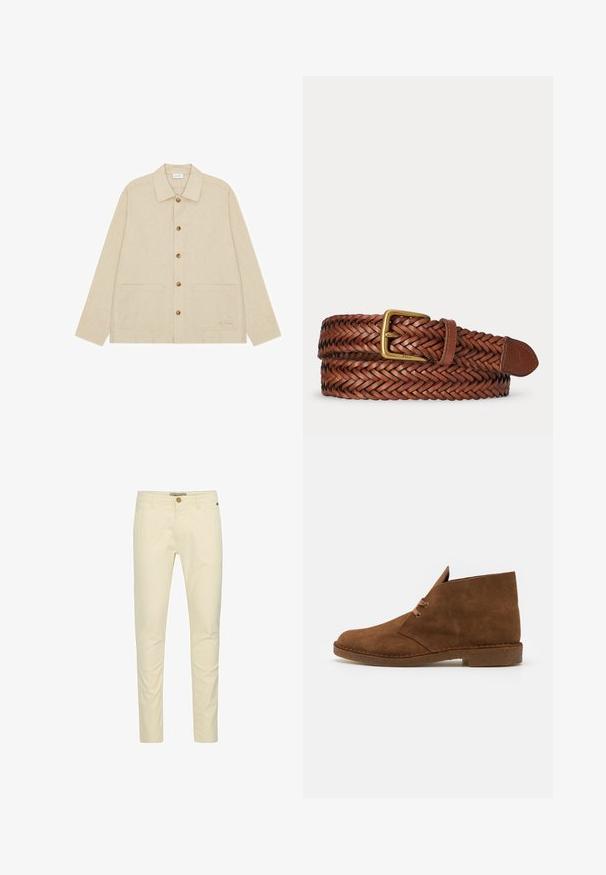 Chaqueta beige de manga larga con botones, cuello y dos bolsillos delanteros aplicados, con botones marrones y textura sutil.; Chinos de algodón beige con un corte slim, que cuentan con un cierre de botón y un detalle de costura sutil en los bolsillos. Textura suave con un acabado pulido.; Botas de ante marrón hasta el tobillo con punta redondeada, costuras mínimas, una lengüeta corta y suela de goma para tracción.; Cinturón trenzado de cuero marrón con hebilla de latón y punta de cuero, enrollado sobre un fondo blanco.