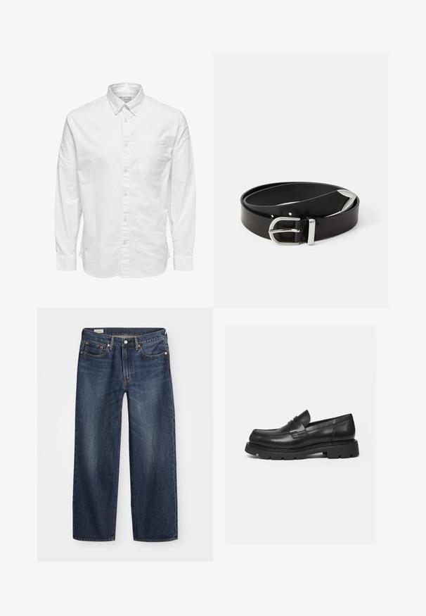 Camisa blanca de manga larga con botones, cuello y bolsillo en el pecho, con la etiqueta "Selected Homme" en el interior del cuello.; Jeans de mezclilla azul oscuro con corte recto, diseño de cinco bolsillos, cierre de botón metálico y cremallera, y patrones sutiles de desgaste.; Mocasín negro de cuero con suela gruesa y acanalada y detalle de tira para moneda, mostrado en perfil lateral derecho sobre fondo blanco.; Cinturón de piel negra con una hebilla de metal plateado, que presenta un diseño clásico y una textura suave. Incluye agujeros para ajuste.