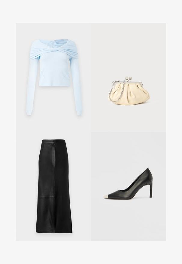 Top de manga larga azul claro con diseño gathered sin hombros y textura suave, que presenta un cuerpo ajustado y sutiles detalles de costura.; Falda de cuero negra con una silueta recta, que presenta una abertura trasera, textura suave y costuras visibles.; Zapato de tacón alto de cuero negro con punta en forma de pico y una tapa metálica plateada. Presenta un acabado suave y un tacón delgado de 10 cm.; Clutch de cuero beige plisado con un marco de metal plateado, que cuenta con dos broches decorativos redondos y una correa de cadena plateada.