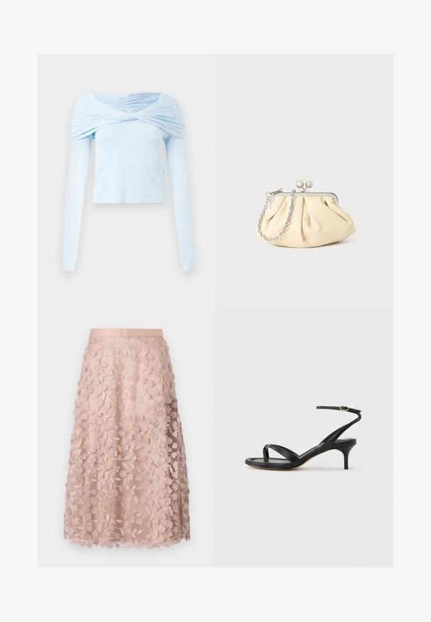 Haut à manches longues bleu clair avec un design froncé dénudé des épaules et une texture douce, présentant un corps ajusté et des détails de couture subtils.; Jupe midi en dentelle rose doux avec broderies florales, dotée d'une taille ajustée et d'un design superposé, soulignant une texture délicate.; Sandale pour femme en cuir noir avec fines lanières, une boucle d'orteil, une boucle à la cheville et un talon aiguille de hauteur moyenne sur un fond neutre.; Pochette en cuir beige plissé avec un cadre en métal argenté, dotée de deux fermoirs ronds décoratifs et d'une chaîne en argent.