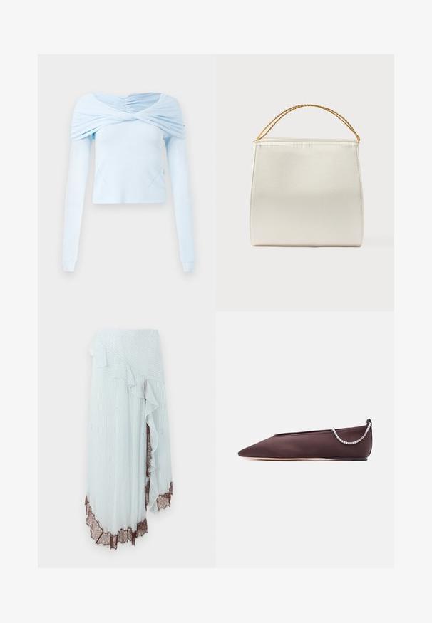 Lyseblå langærmet bluse med indsamlet off-shoulder design og blød tekstur, der har en tætsiddende pasform og diskret sømdetaljering.; Lyseblå omslagsskjørt med lodrette hvide striber, der har en flæsekant og detaljeret brun blondekant i bunden.; Mørkebrun flad sko med spids tå, lav hæl og en sølvfarvet rhinstenkæde detalje bagpå.; Struktureret taske i satinfinish, cremefarvet, med en kæde til skulderrem. Har en flad, glat tekstur og rene syninger.