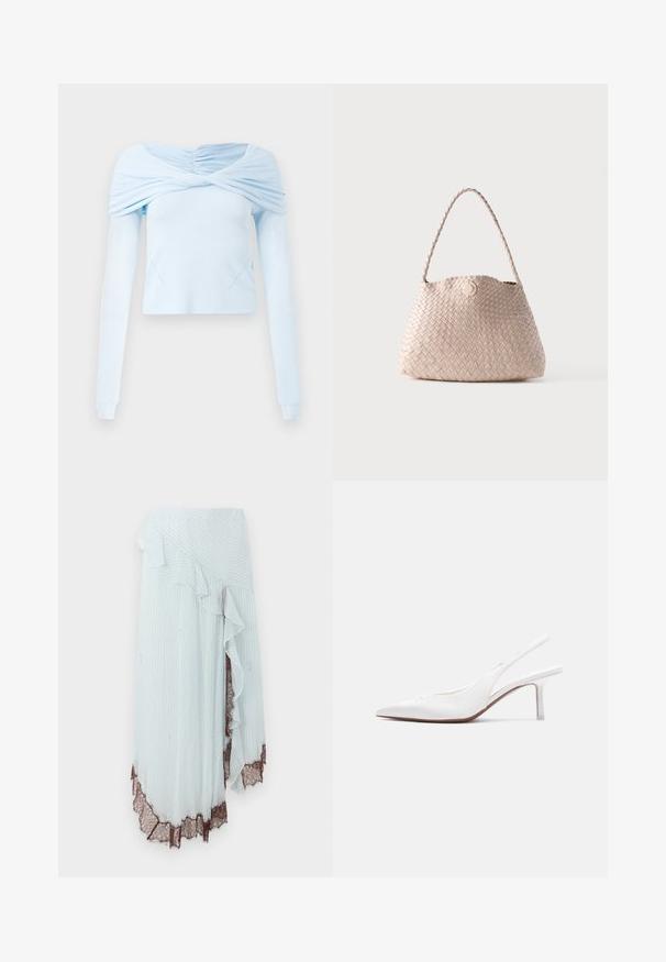 Lichtblauw langemouwtop met gathered off-shoulder ontwerp en zachte textuur, met een aansluitend lichaam en subtiele stiksels.; Lichtblauwe wikkelrok met verticale witte strepen, voorzien van een gegolfde rand en ingewikkelde bruine kantafwerking aan de zoom.; Witte leren slingback damesschoen met spitse neus, lage kittenhak en een kleine decoratieve strik bovenop, zijaanzicht.; Beige geweven leren schoudertas met een afgeronde vorm en gevlochten handvat, met een kleine ronde leren knoopsluiting.