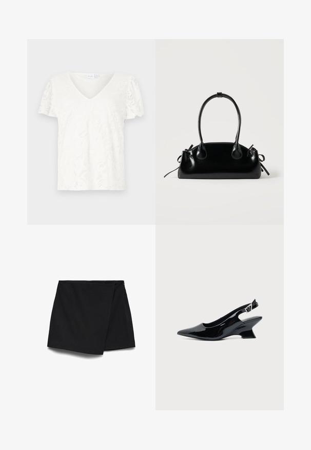 T-shirt blanc à manches courtes avec un décolleté en V et une texture en dentelle florale, offrant un ajustement légèrement ample et un matériau doux et léger.; Mini-jupe asymétrique noire avec devant drapé et fermeture éclair latérale.; Chaussure slingback en cuir verni noir avec bout pointu et petit talon bloc incliné sur fond clair uni.; Petit sac à main noir brillant avec deux longues anses et des détails à cordon sur les côtés sur un fond clair uni.