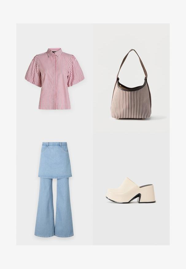 Blouse met korte mouwen met verticale rood-witte strepen, een klassieke kraag en licht opgeblazen mouwen op een effen achtergrond.; Denim rok-broek hybride, met lichtblauwe stof, uitlopende pijpen en zichtbare stikdetails. Ontworpen met voorzakken en een tailleband.; Beige rubber klomp met een stevige zwarte zool, voorzien van een brede opening en een gladde, glanzende afwerking. Eenvoudig ontwerp met een hoekige vorm.; Bruin-witte verticale gestreepte handtas met een enkele schouderriem en een zichtbare rits aan de bovenkant.