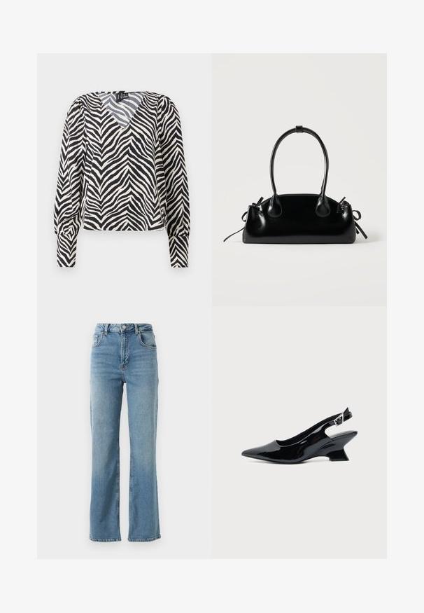 Blouse à motif zèbre avec un col en V, couleurs noire et crème, manches longues et un design légèrement court. Comprend des poignets élastiques et une texture douce.; Jean en denim bleu clair avec une taille haute, une coupe large et un design classique à cinq poches. Présente un léger délavage et une fermeture éclair.; Chaussure slingback en cuir verni noir avec bout pointu et petit talon bloc incliné sur fond clair uni.; Petit sac à main noir brillant avec deux longues anses et des détails à cordon sur les côtés sur un fond clair uni.
